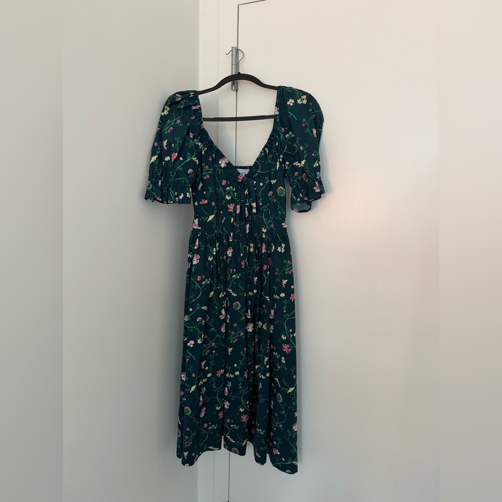 Hill House Floral Puff-Sleeve Maxi Dress in Forest Green with Pink Accents - Picture 4 of 7